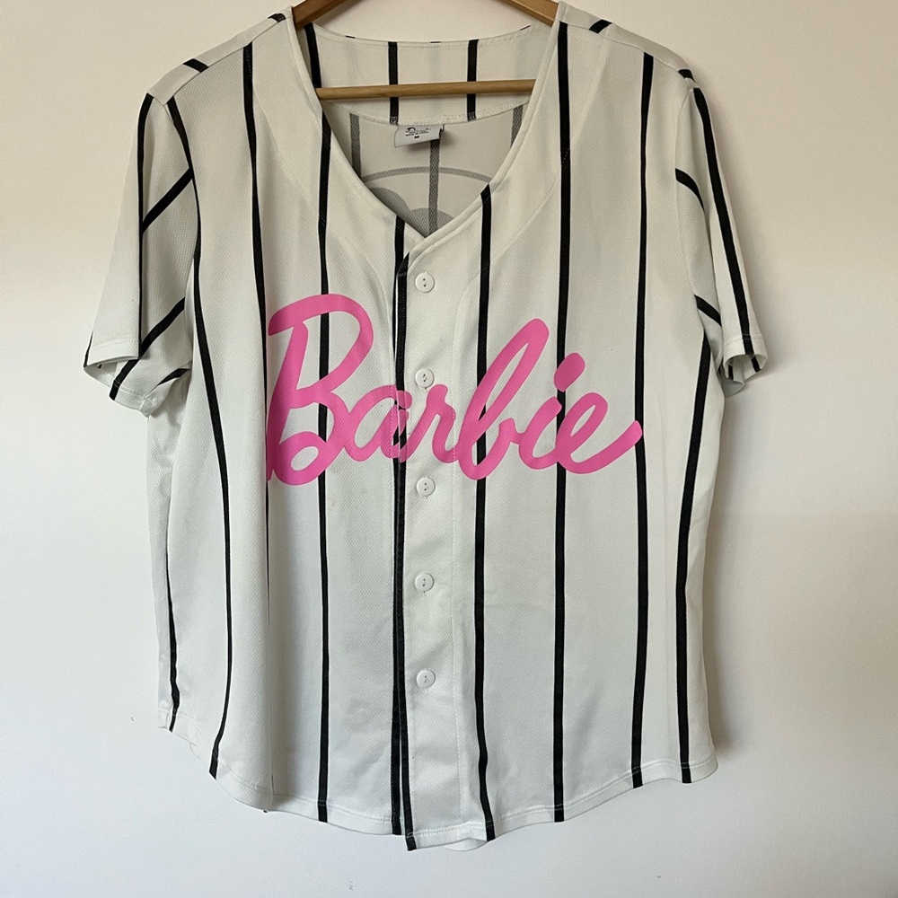 White Pinstriped Barbie Graphic Baseball Jersey - Picture 4 of 11